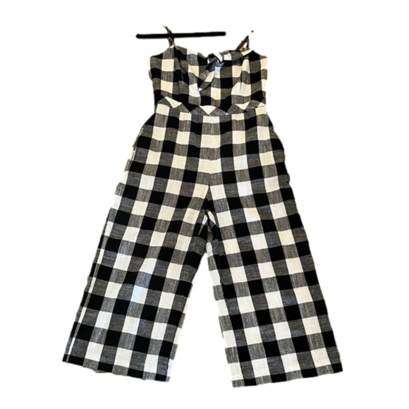 Linen Cotton Blend Black & White Cropped Wide Leg Romper, Retro, FOREST LILY 4 - Picture 2 of 12
